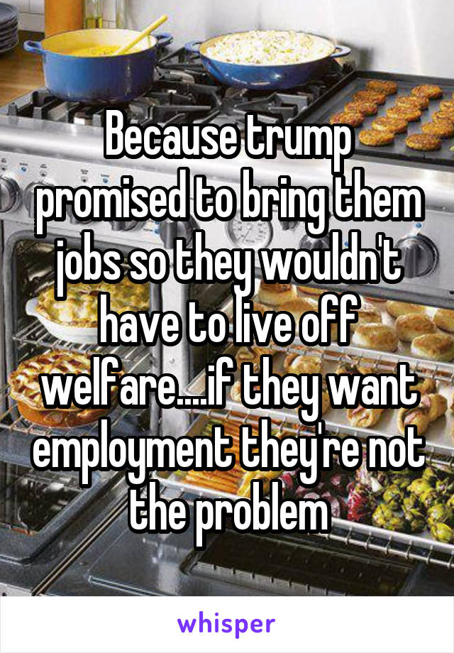 Because trump promised to bring them jobs so they wouldn't have to live off welfare....if they want employment they're not the problem