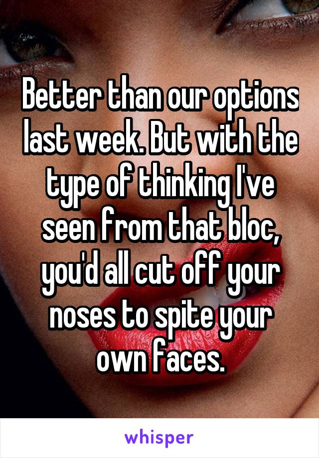 Better than our options last week. But with the type of thinking I've seen from that bloc, you'd all cut off your noses to spite your own faces.