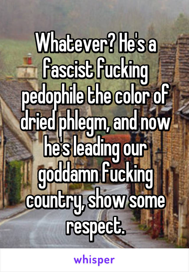 Whatever? He's a fascist fucking pedophile the color of dried phlegm, and now he's leading our goddamn fucking country, show some respect.