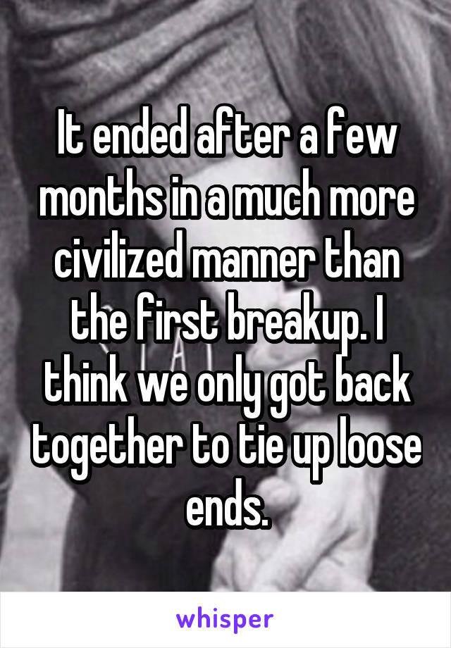 It ended after a few months in a much more civilized manner than the first breakup. I think we only got back together to tie up loose ends.