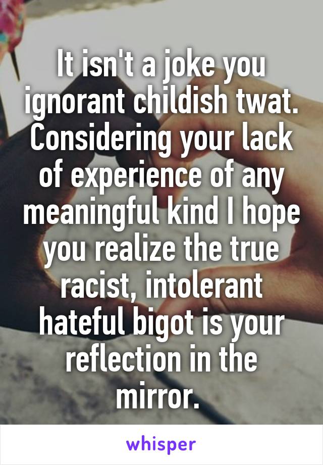 It isn't a joke you ignorant childish twat. Considering your lack of experience of any meaningful kind I hope you realize the true racist, intolerant hateful bigot is your reflection in the mirror. 