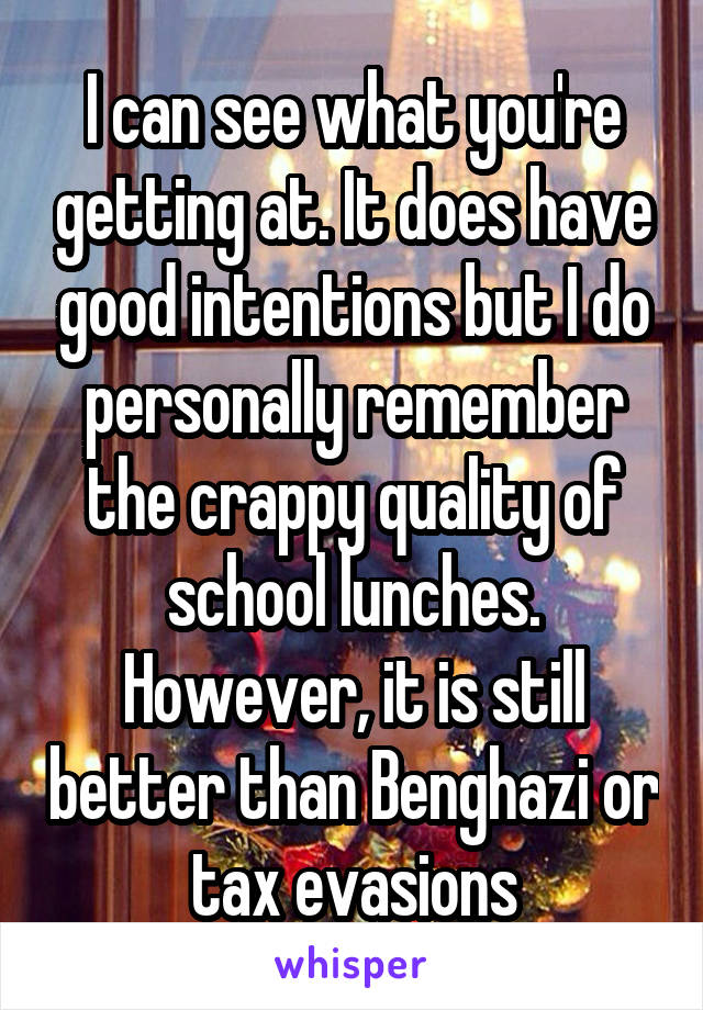 I can see what you're getting at. It does have good intentions but I do personally remember the crappy quality of school lunches. However, it is still better than Benghazi or tax evasions