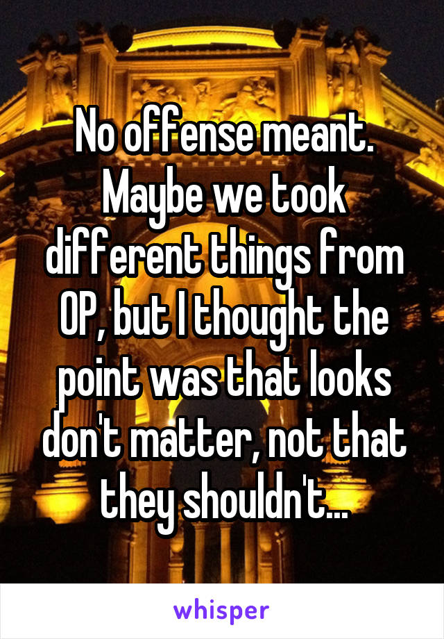 No offense meant. Maybe we took different things from OP, but I thought the point was that looks don't matter, not that they shouldn't...