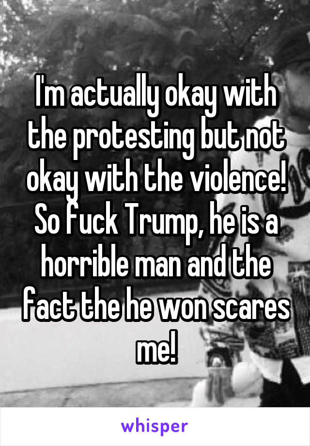 I'm actually okay with the protesting but not okay with the violence!
So fuck Trump, he is a horrible man and the fact the he won scares me!