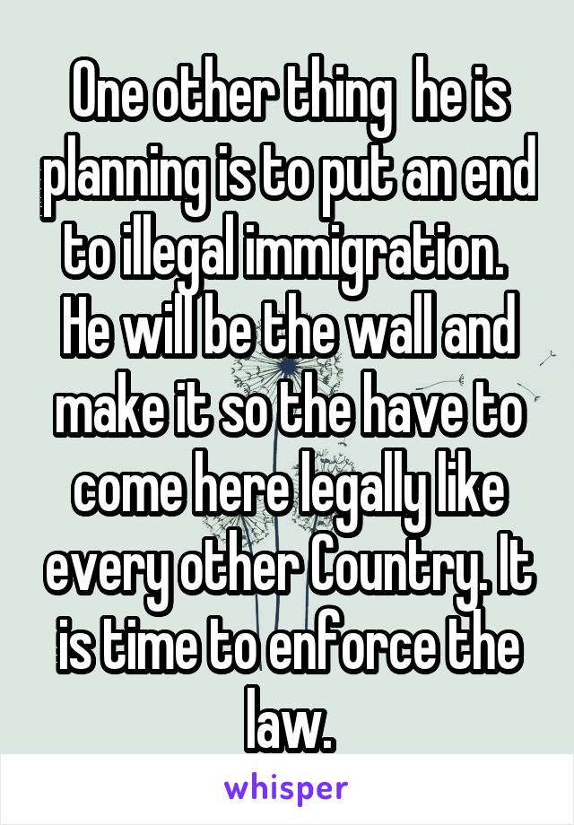 One other thing  he is planning is to put an end to illegal immigration.  He will be the wall and make it so the have to come here legally like every other Country. It is time to enforce the law.