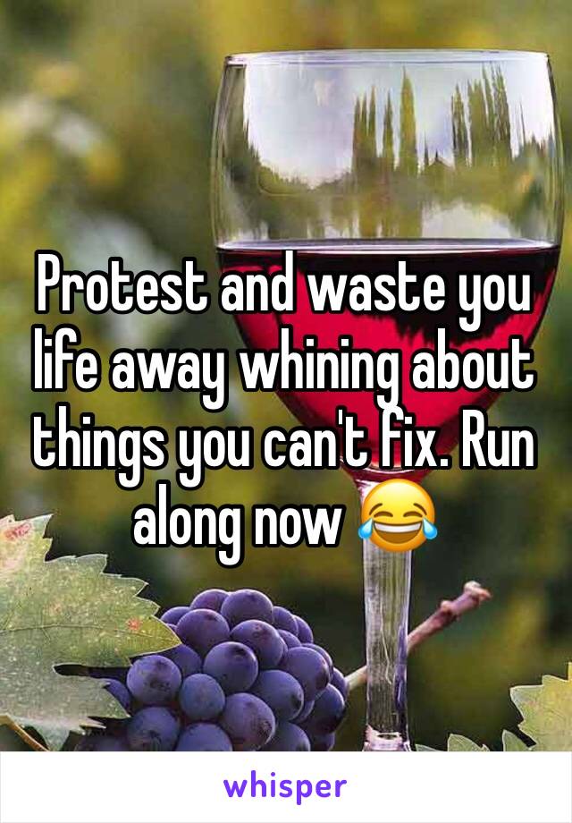 Protest and waste you life away whining about things you can't fix. Run along now 😂