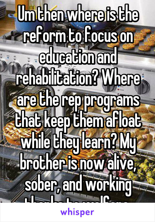 Um then where is the reform to focus on education and rehabilitation? Where are the rep programs that keep them afloat while they learn? My brother is now alive, sober, and working thanks to welfare.