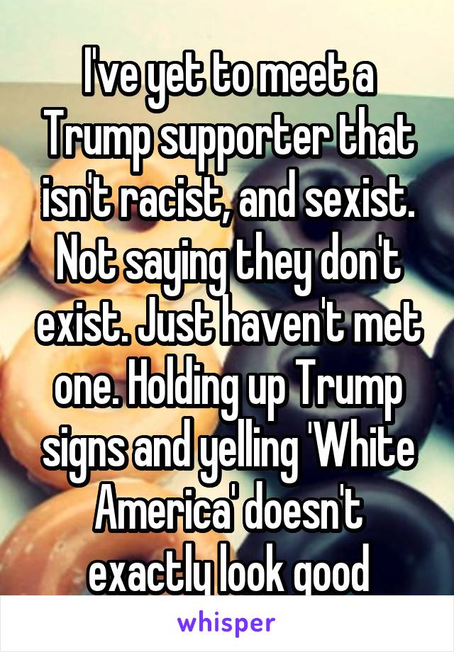 I've yet to meet a Trump supporter that isn't racist, and sexist. Not saying they don't exist. Just haven't met one. Holding up Trump signs and yelling 'White America' doesn't exactly look good