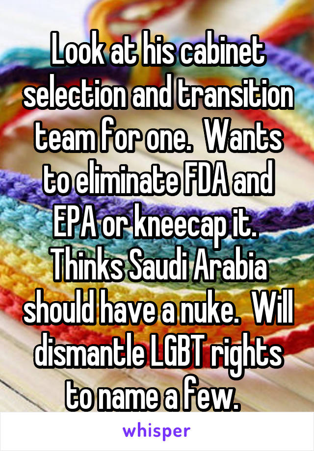 Look at his cabinet selection and transition team for one.  Wants to eliminate FDA and EPA or kneecap it.  Thinks Saudi Arabia should have a nuke.  Will dismantle LGBT rights to name a few.  