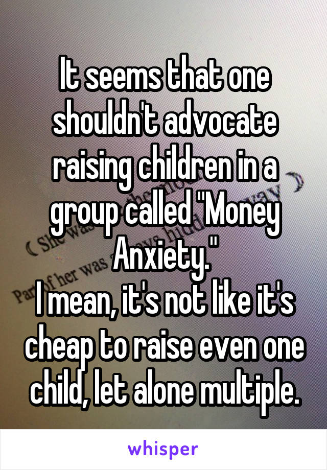 It seems that one shouldn't advocate raising children in a group called "Money Anxiety."
I mean, it's not like it's cheap to raise even one child, let alone multiple.