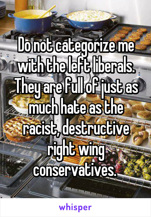 Do not categorize me with the left liberals. They are full of just as much hate as the racist, destructive right wing conservatives. 