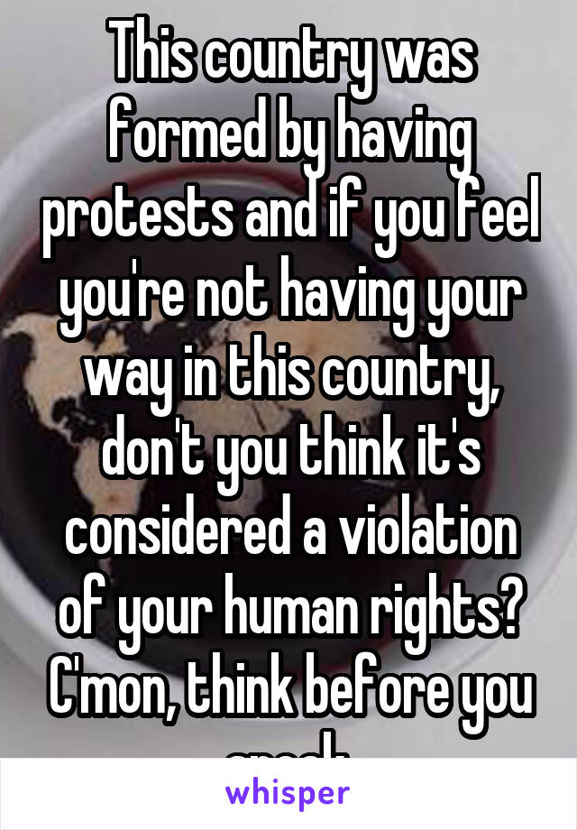 This country was formed by having protests and if you feel you're not having your way in this country, don't you think it's considered a violation of your human rights? C'mon, think before you speak.