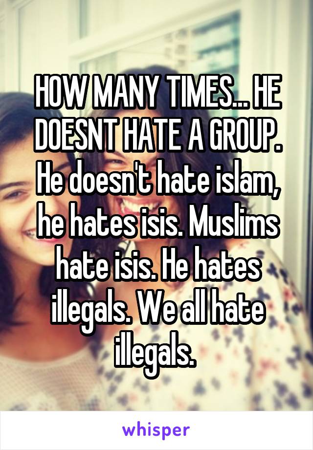 HOW MANY TIMES... HE DOESNT HATE A GROUP. He doesn't hate islam, he hates isis. Muslims hate isis. He hates illegals. We all hate illegals. 