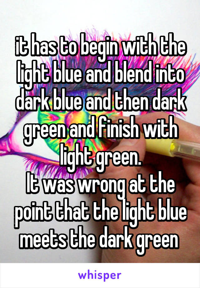 it has to begin with the light blue and blend into dark blue and then dark green and finish with light green.
It was wrong at the point that the light blue meets the dark green 