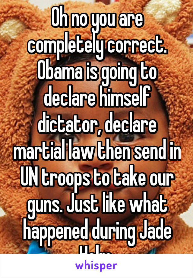 Oh no you are completely correct. Obama is going to declare himself dictator, declare martial law then send in UN troops to take our guns. Just like what happened during Jade Helm 