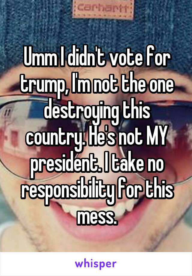 Umm I didn't vote for trump, I'm not the one destroying this country. He's not MY president. I take no responsibility for this mess.