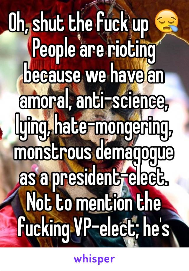 Oh, shut the fuck up ðŸ˜ª People are rioting because we have an amoral, anti-science, lying, hate-mongering, monstrous demagogue as a president-elect. Not to mention the fucking VP-elect; he's worse