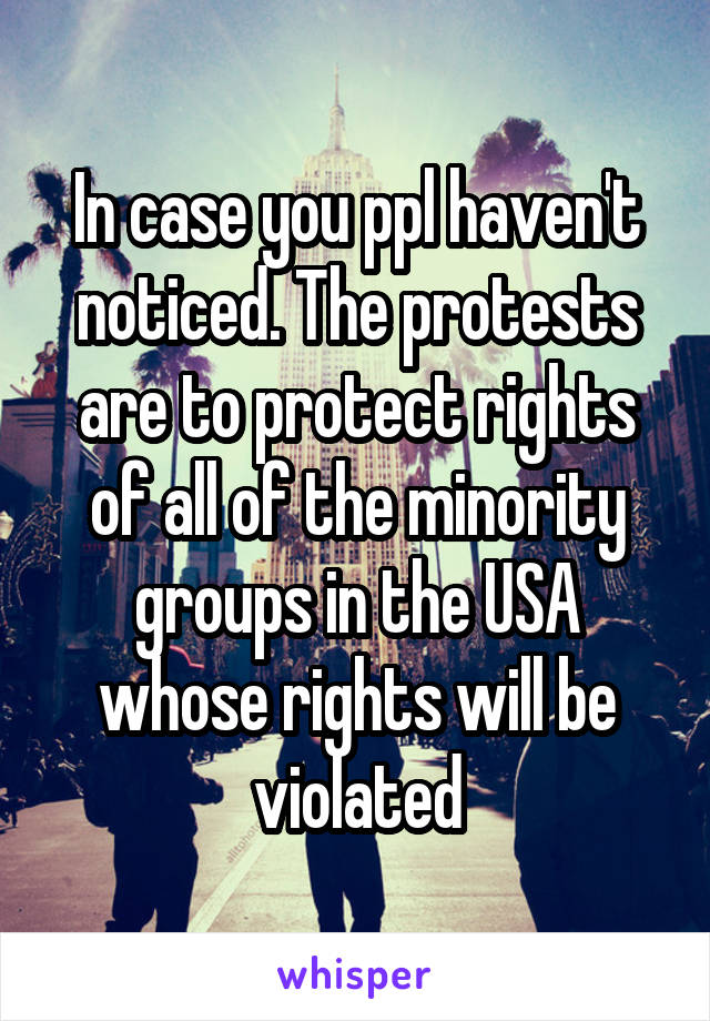 In case you ppl haven't noticed. The protests are to protect rights of all of the minority groups in the USA whose rights will be violated