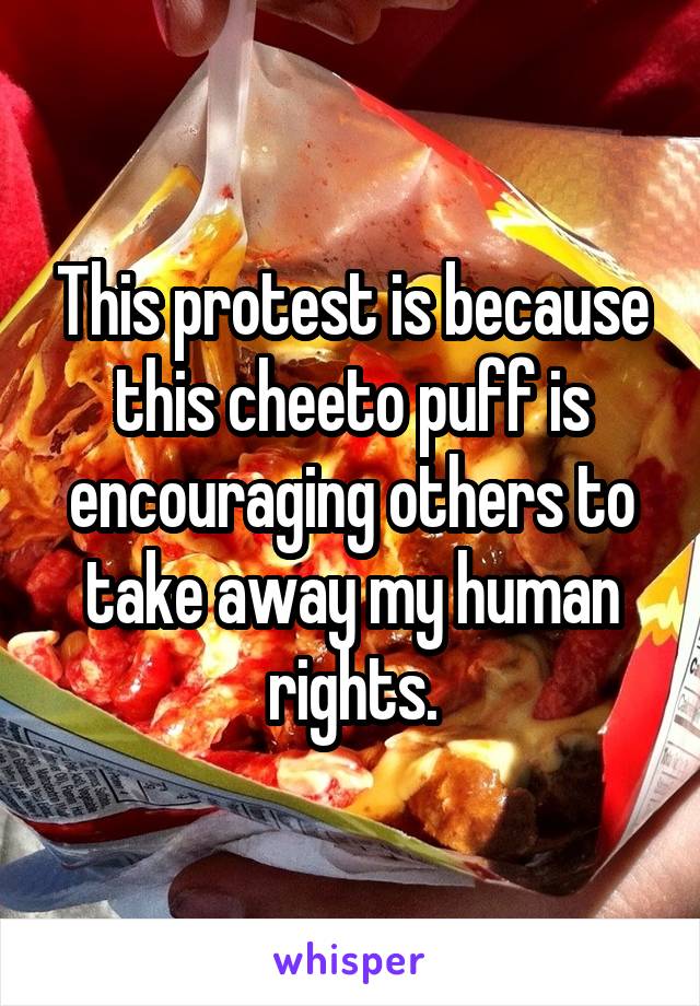 This protest is because this cheeto puff is encouraging others to take away my human rights.