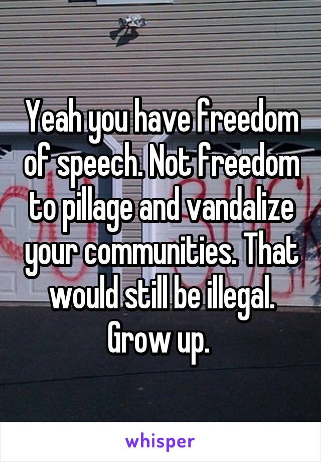 Yeah you have freedom of speech. Not freedom to pillage and vandalize your communities. That would still be illegal. Grow up. 