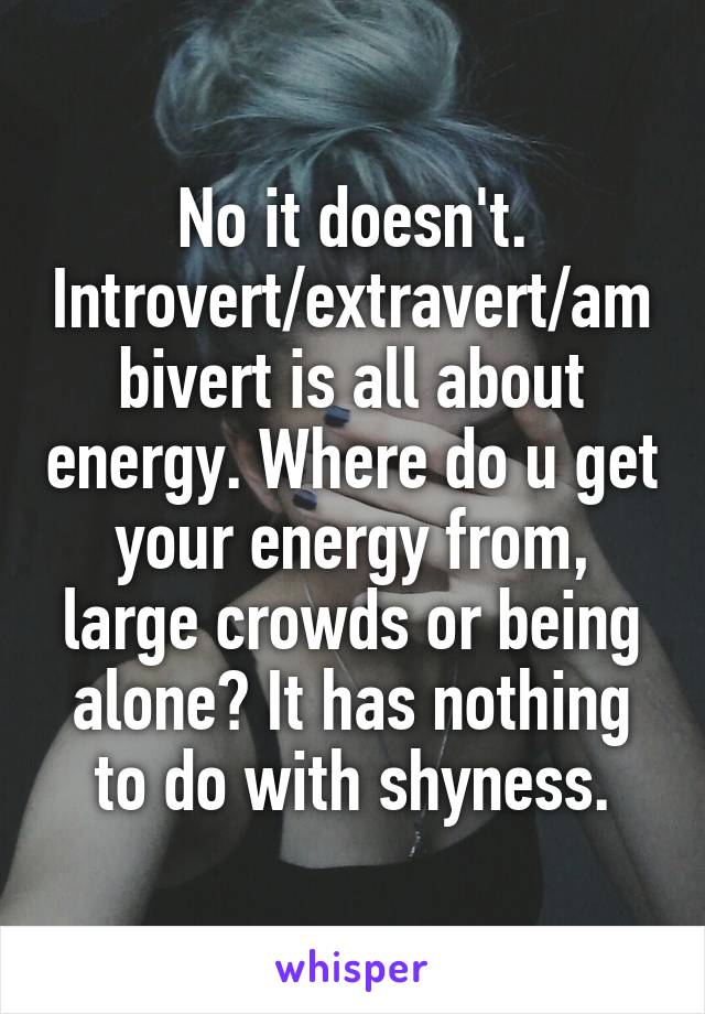 No it doesn't. Introvert/extravert/ambivert is all about energy. Where do u get your energy from, large crowds or being alone? It has nothing to do with shyness.