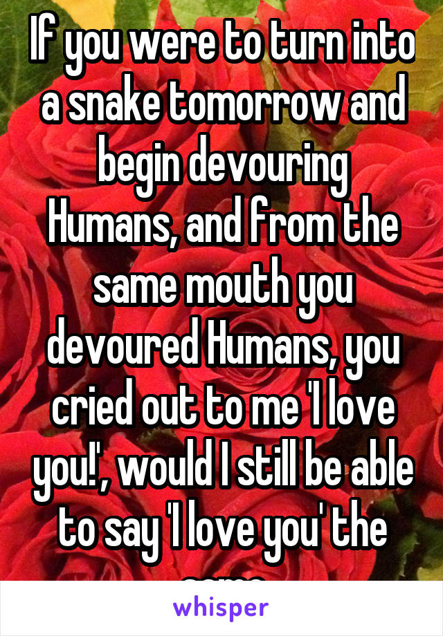 If you were to turn into a snake tomorrow and begin devouring Humans, and from the same mouth you devoured Humans, you cried out to me 'I love you!', would I still be able to say 'I love you' the same