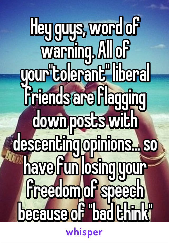 Hey guys, word of warning. All of your"tolerant" liberal friends are flagging down posts with descenting opinions... so have fun losing your freedom of speech because of "bad think"