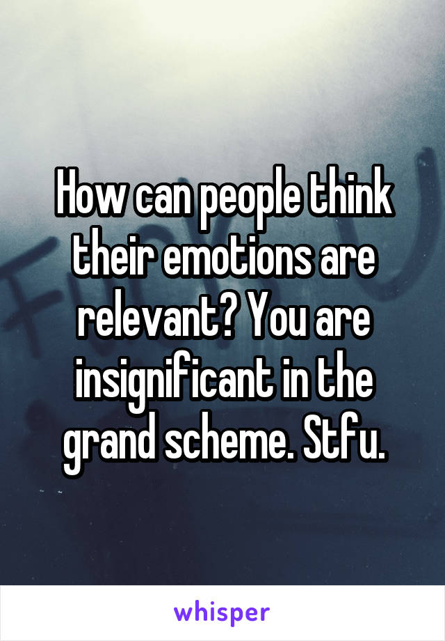 How can people think their emotions are relevant? You are insignificant in the grand scheme. Stfu.