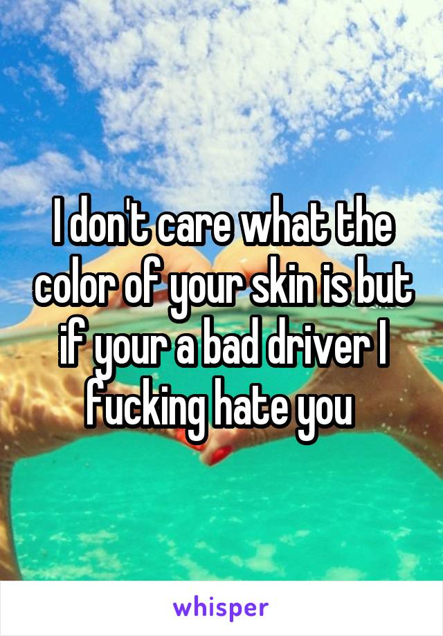 I don't care what the color of your skin is but if your a bad driver I fucking hate you 