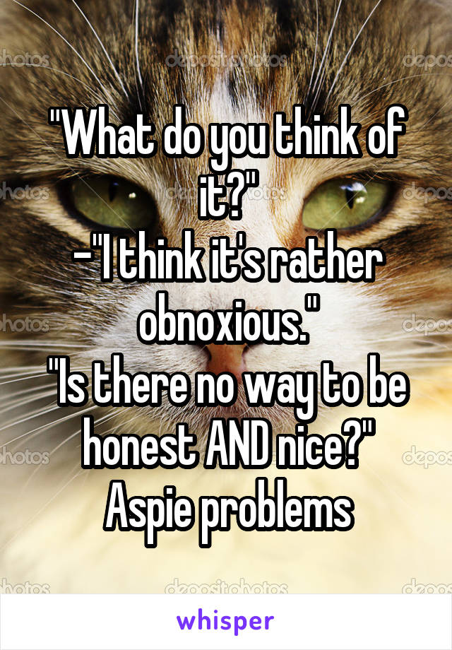 "What do you think of it?"
-"I think it's rather obnoxious."
"Is there no way to be honest AND nice?"
Aspie problems