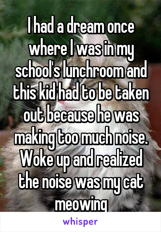 I had a dream once where I was in my school's lunchroom and this kid had to be taken out because he was making too much noise. Woke up and realized the noise was my cat meowing