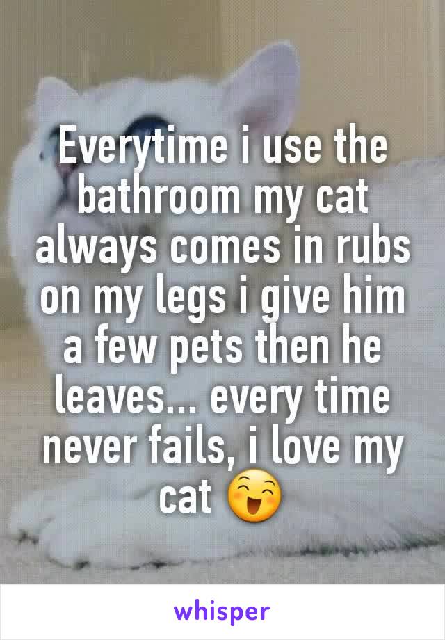 Everytime i use the bathroom my cat always comes in rubs on my legs i give him a few pets then he leaves... every time never fails, i love my cat 😄