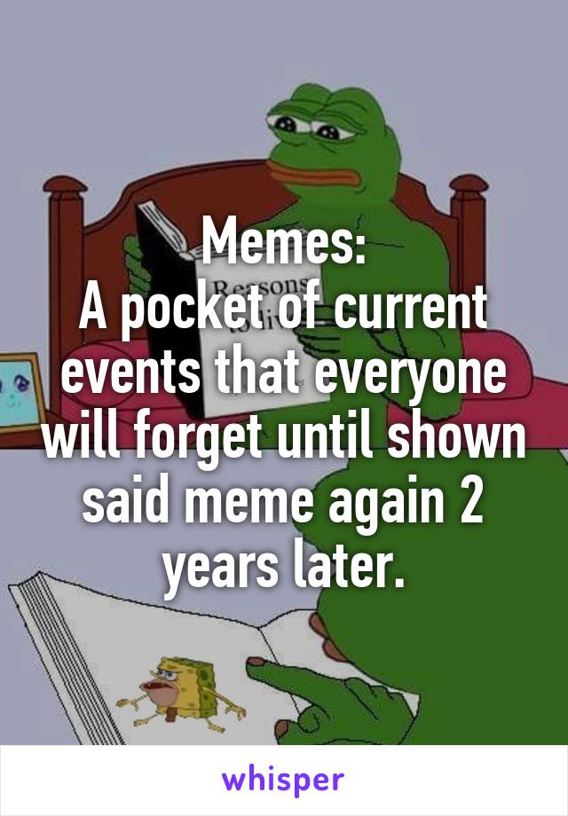 Memes:
A pocket of current events that everyone will forget until shown said meme again 2 years later.