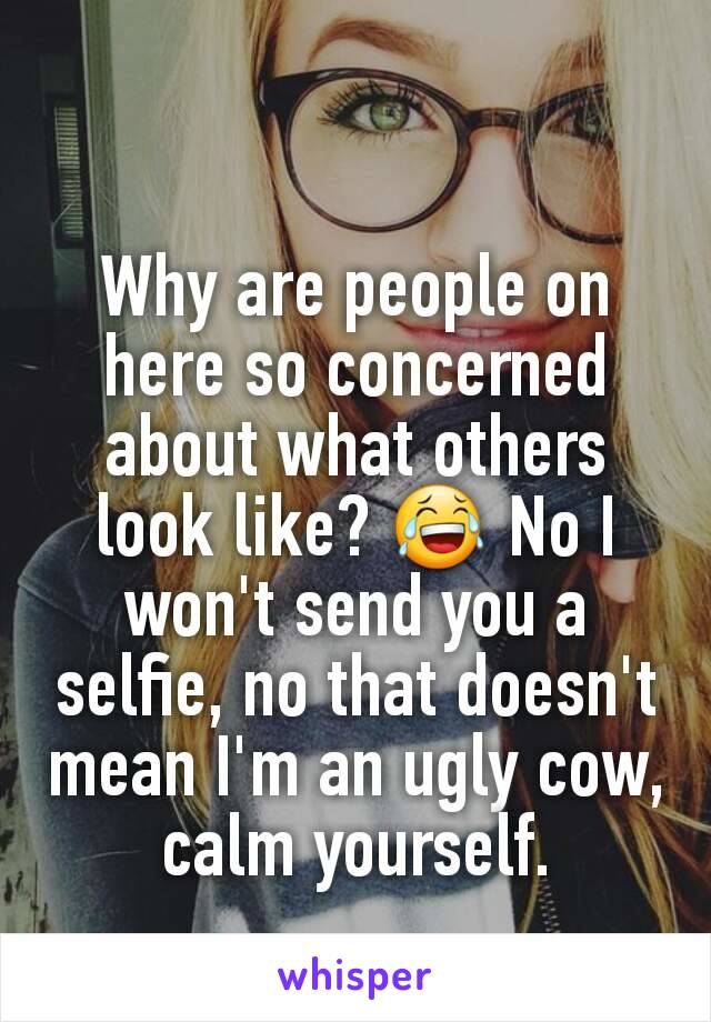 Why are people on here so concerned about what others look like? 😂 No I won't send you a selfie, no that doesn't mean I'm an ugly cow, calm yourself.