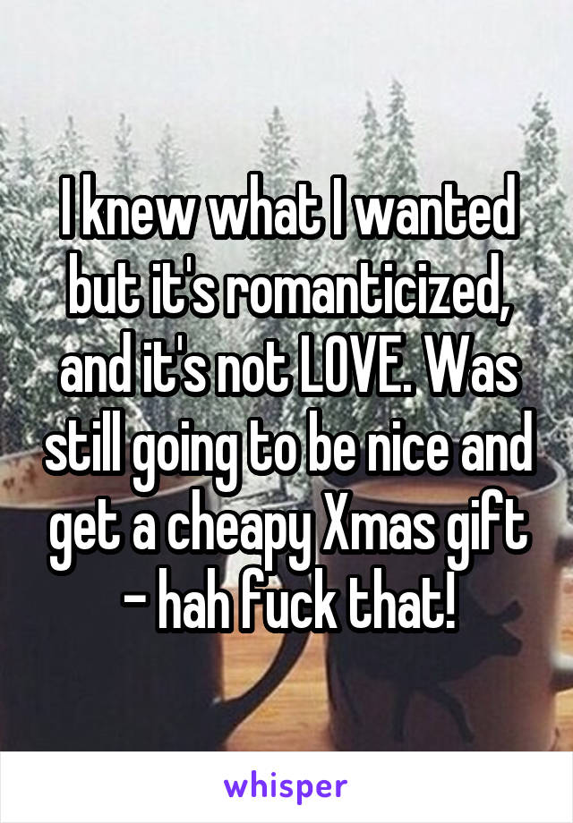 I knew what I wanted but it's romanticized, and it's not LOVE. Was still going to be nice and get a cheapy Xmas gift - hah fuck that!