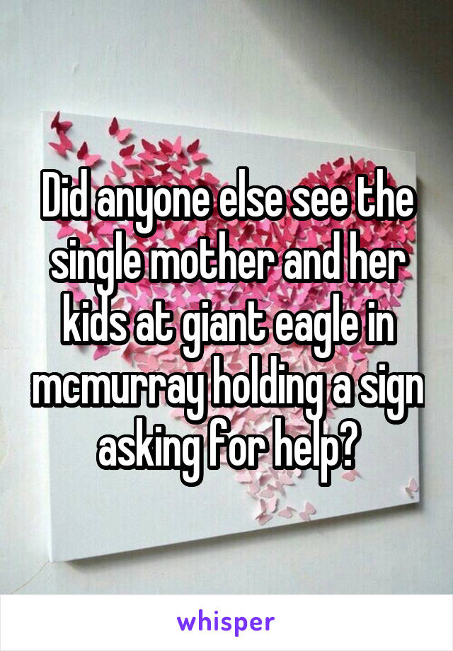 Did anyone else see the single mother and her kids at giant eagle in mcmurray holding a sign asking for help?