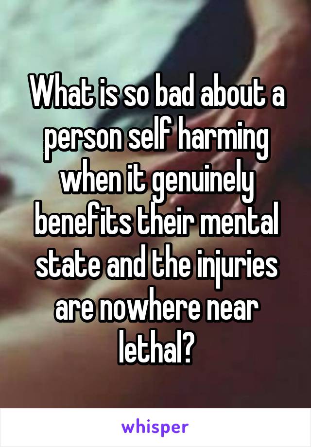 What is so bad about a person self harming when it genuinely benefits their mental state and the injuries are nowhere near lethal?