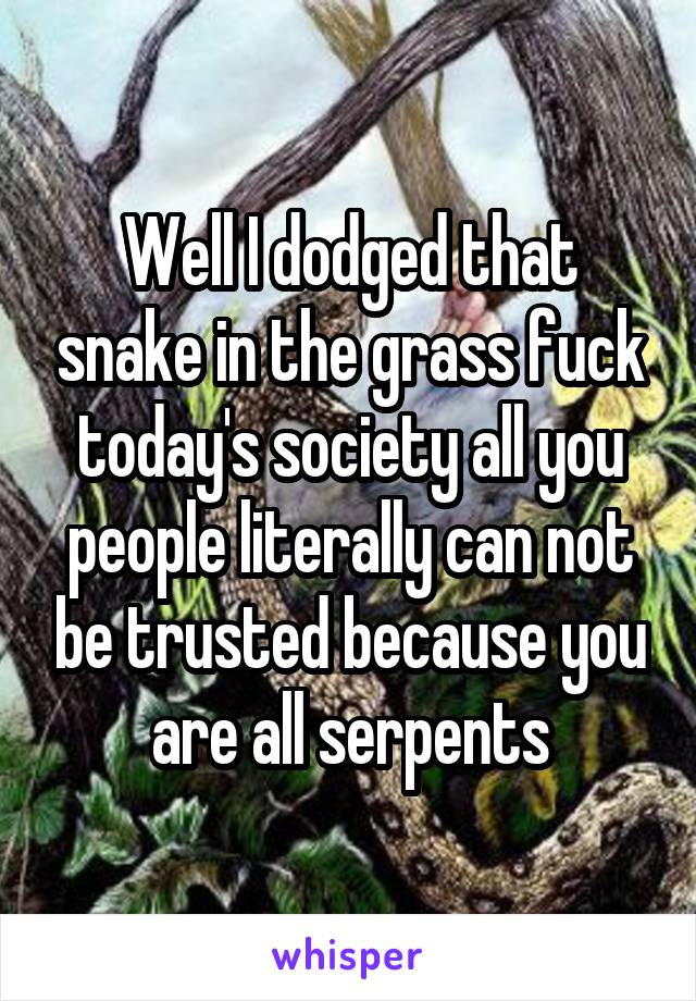 Well I dodged that snake in the grass fuck today's society all you people literally can not be trusted because you are all serpents