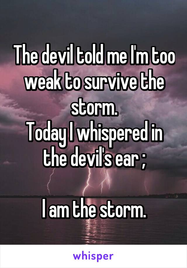 The devil told me I'm too weak to survive the storm.
Today I whispered in the devil's ear ;

I am the storm.