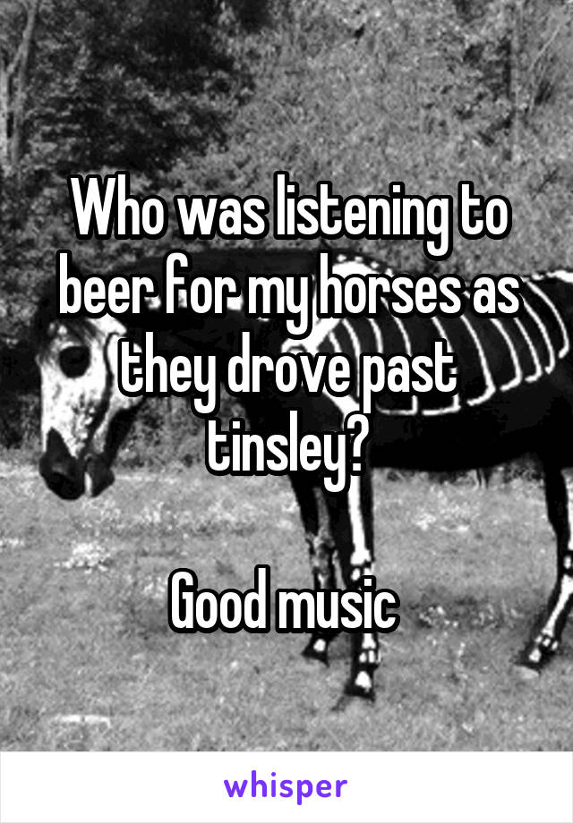 Who was listening to beer for my horses as they drove past tinsley?

Good music 