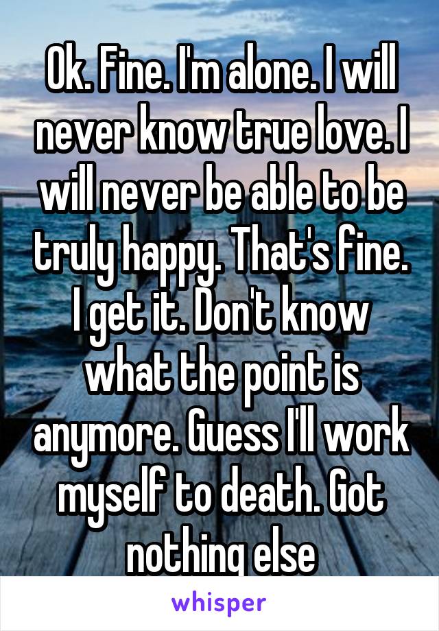 Ok. Fine. I'm alone. I will never know true love. I will never be able to be truly happy. That's fine. I get it. Don't know what the point is anymore. Guess I'll work myself to death. Got nothing else