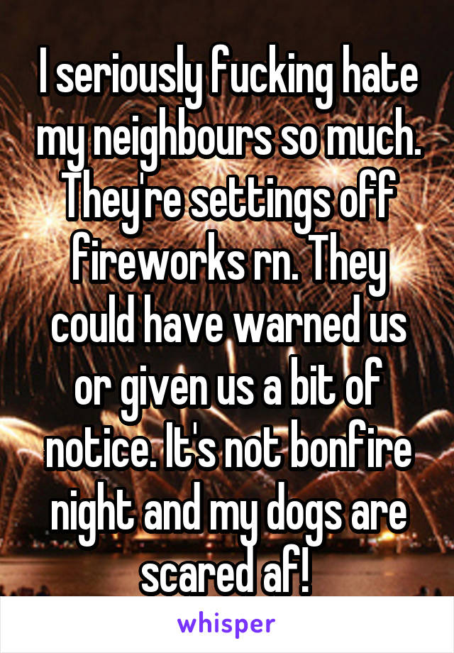 I seriously fucking hate my neighbours so much. They're settings off fireworks rn. They could have warned us or given us a bit of notice. It's not bonfire night and my dogs are scared af! 