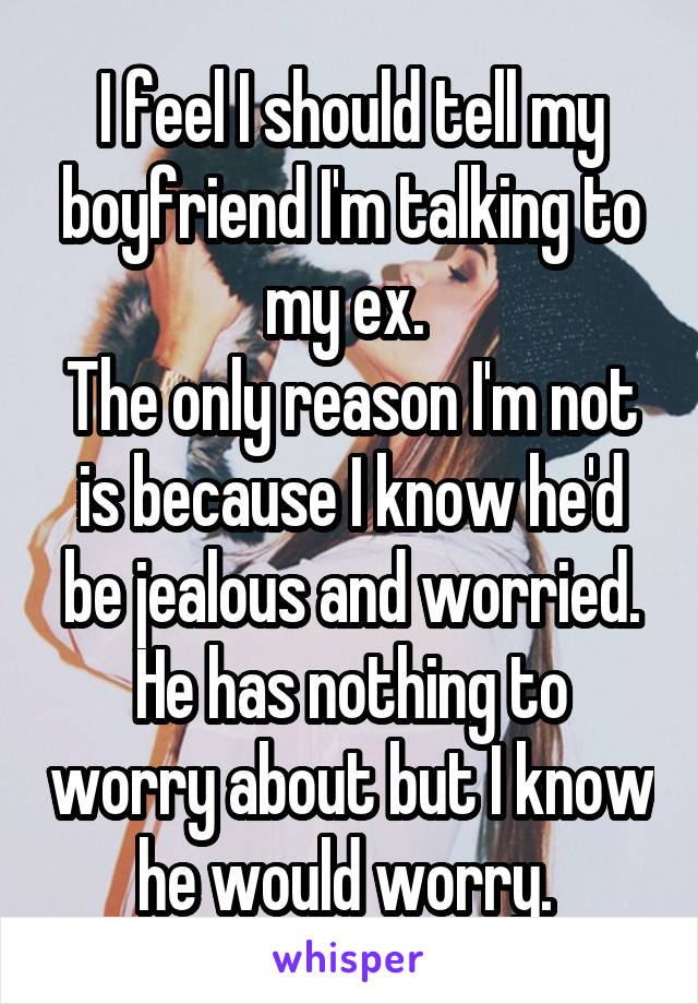 I feel I should tell my boyfriend I'm talking to my ex. 
The only reason I'm not is because I know he'd be jealous and worried. He has nothing to worry about but I know he would worry. 