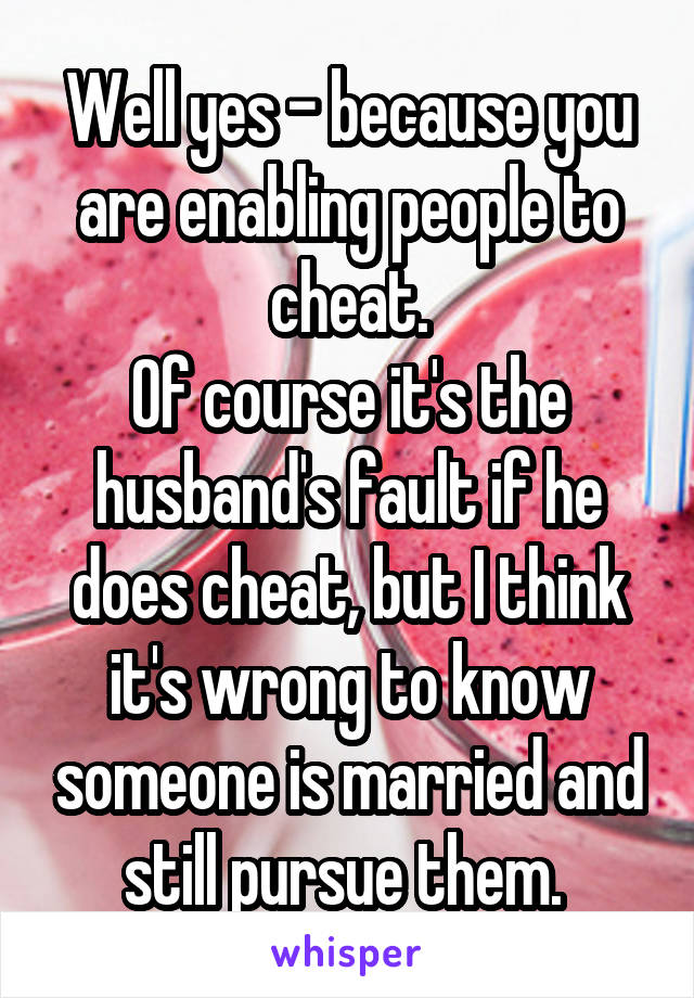 Well yes - because you are enabling people to cheat.
Of course it's the husband's fault if he does cheat, but I think it's wrong to know someone is married and still pursue them. 