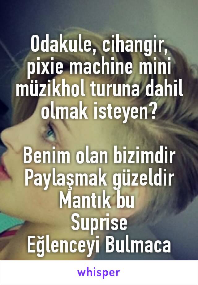 Odakule, cihangir, pixie machine mini müzikhol turuna dahil olmak isteyen?

Benim olan bizimdir
Paylaşmak güzeldir
Mantık bu 
Suprise
Eğlenceyi Bulmaca