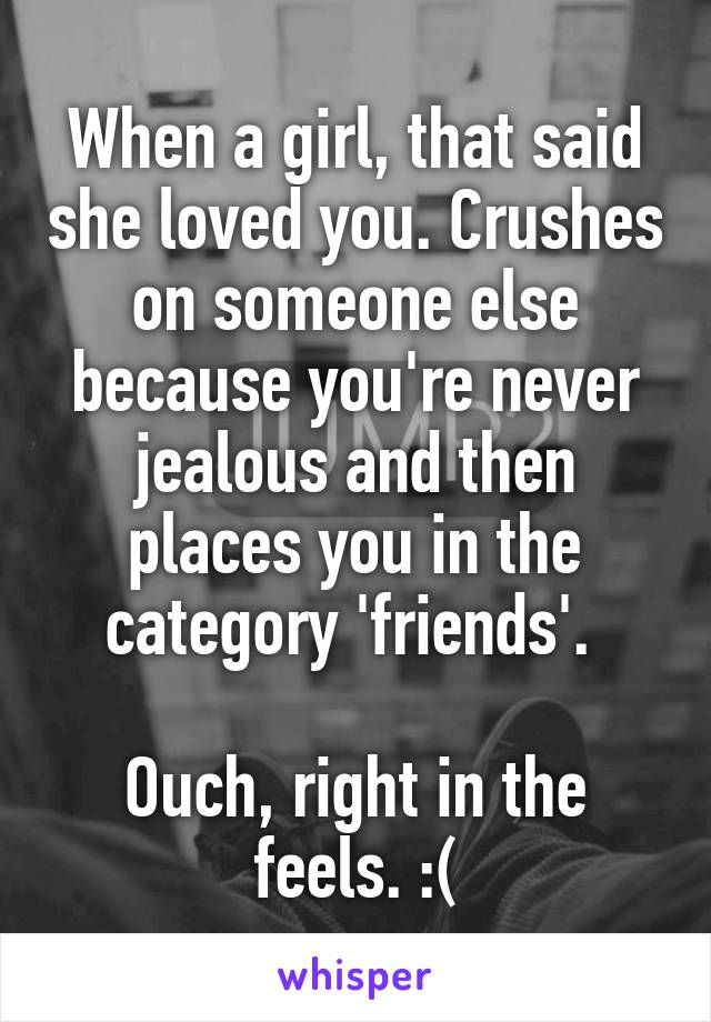 When a girl, that said she loved you. Crushes on someone else because you're never jealous and then places you in the category 'friends'. 

Ouch, right in the feels. :(