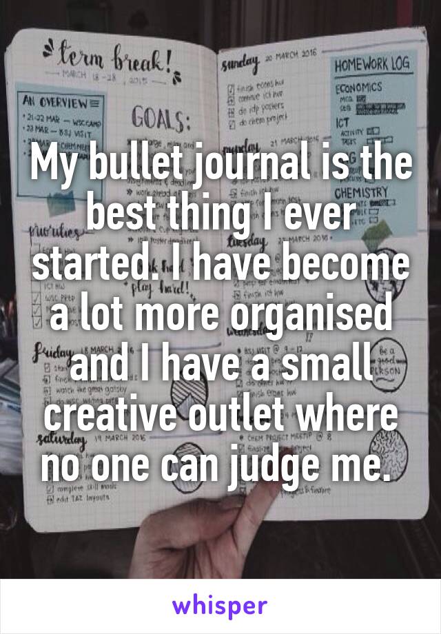 My bullet journal is the best thing I ever started. I have become a lot more organised and I have a small creative outlet where no one can judge me. 