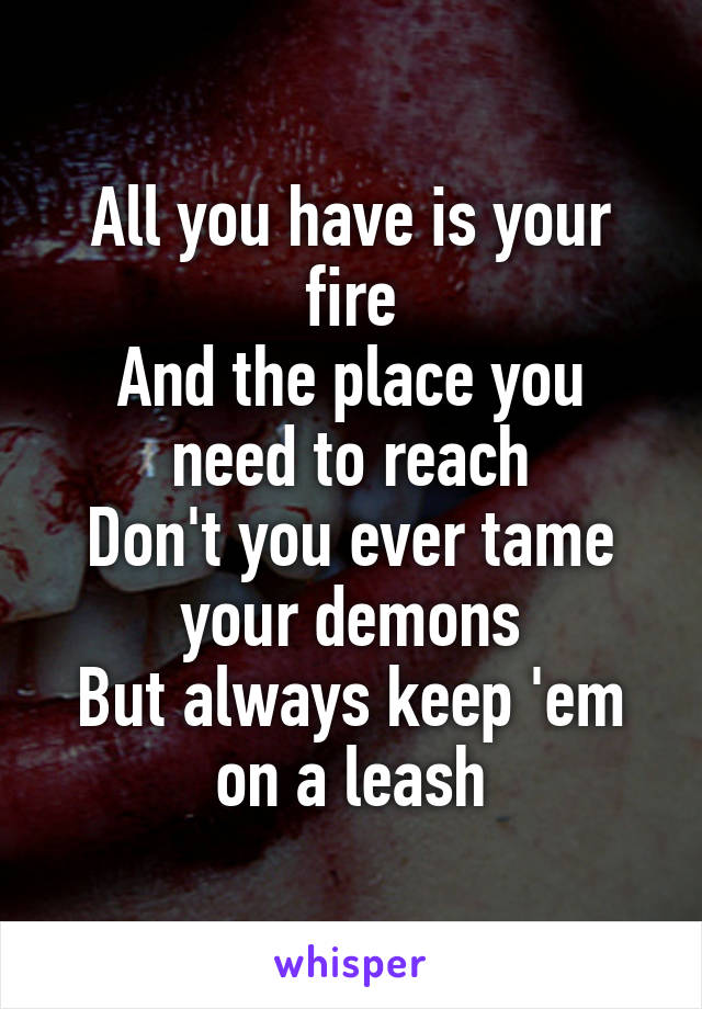 All you have is your fire
And the place you need to reach
Don't you ever tame your demons
But always keep 'em on a leash