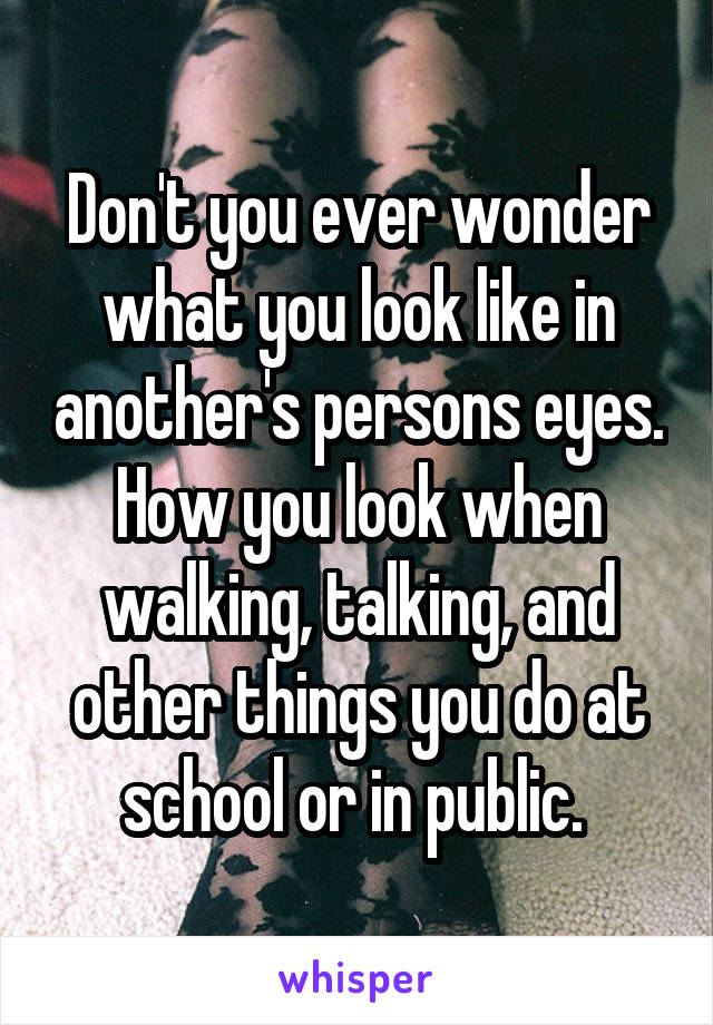 Don't you ever wonder what you look like in another's persons eyes. How you look when walking, talking, and other things you do at school or in public. 