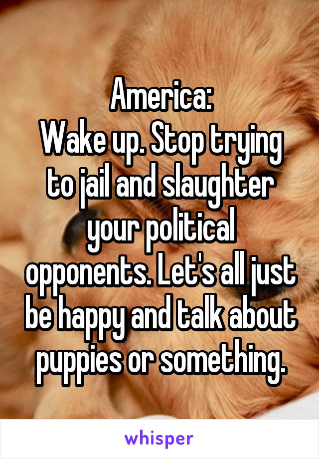 America:
Wake up. Stop trying to jail and slaughter your political opponents. Let's all just be happy and talk about puppies or something.